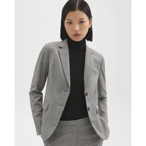 Theory Carissa Women's 8 Slim Tartan Plaid Wool Gray Two Button Blazer - Picture 1 of 15